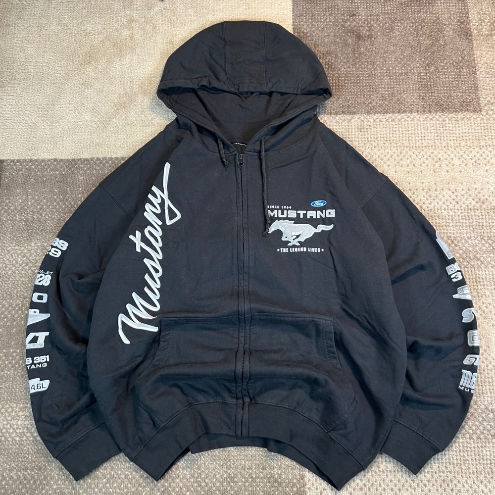 Ford Mustang JH Design Black Zip Up Hoodie Mens XL Graphic Car Racing Sweatshirt